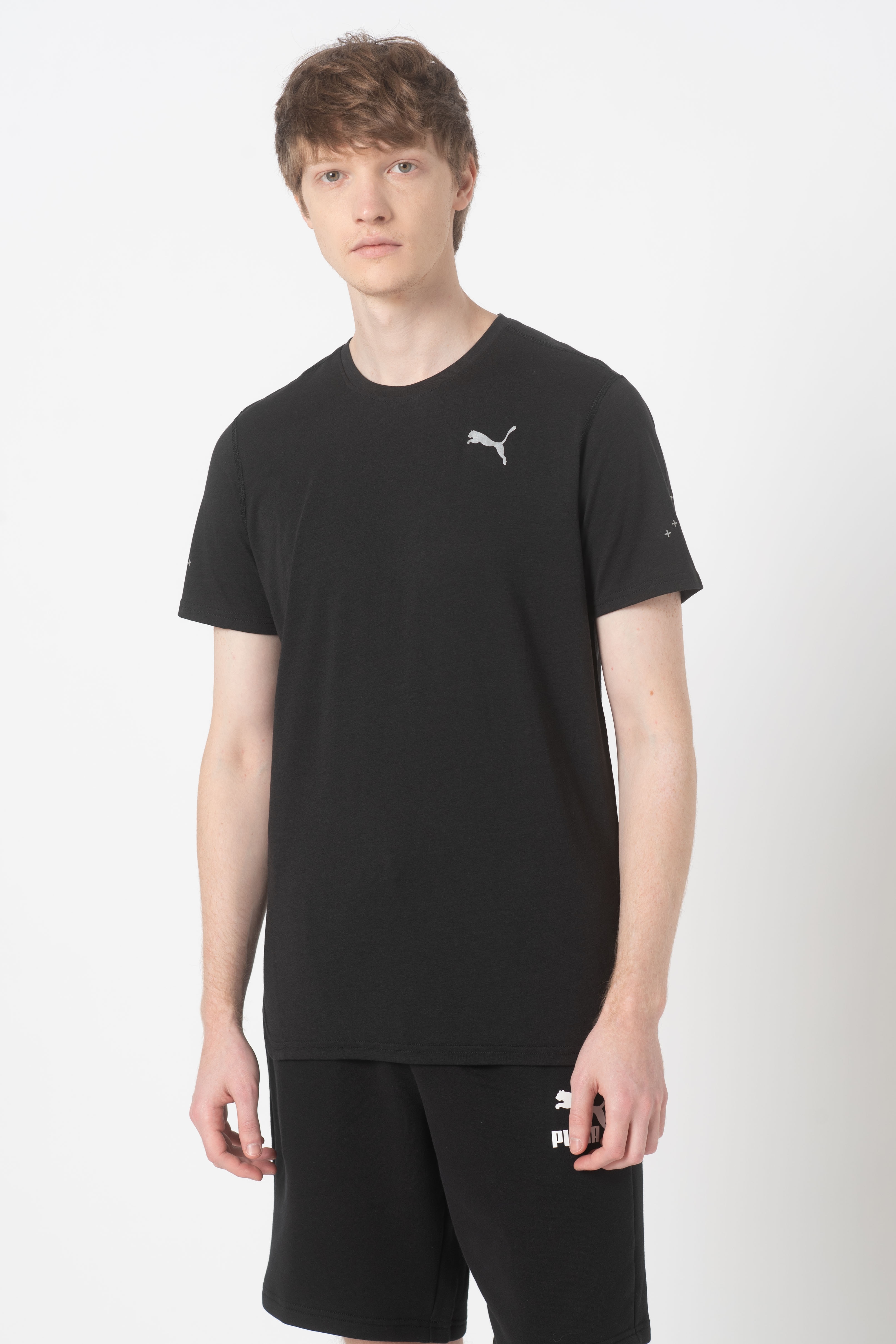 Puma, Tricou cu logo reflectorizant si tehnologie dryCELL pentru fitness Triblend, Negru/Gri, XS
