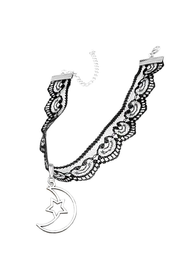 Colier Choker elegant, din dantela subtire, cu medalion semiluna si steluta, Negru