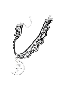 Colier Choker elegant, din dantela subtire, cu medalion semiluna si steluta, Negru Colier Choker elegant, din dantela subtire, cu medalion semiluna si steluta, Negru