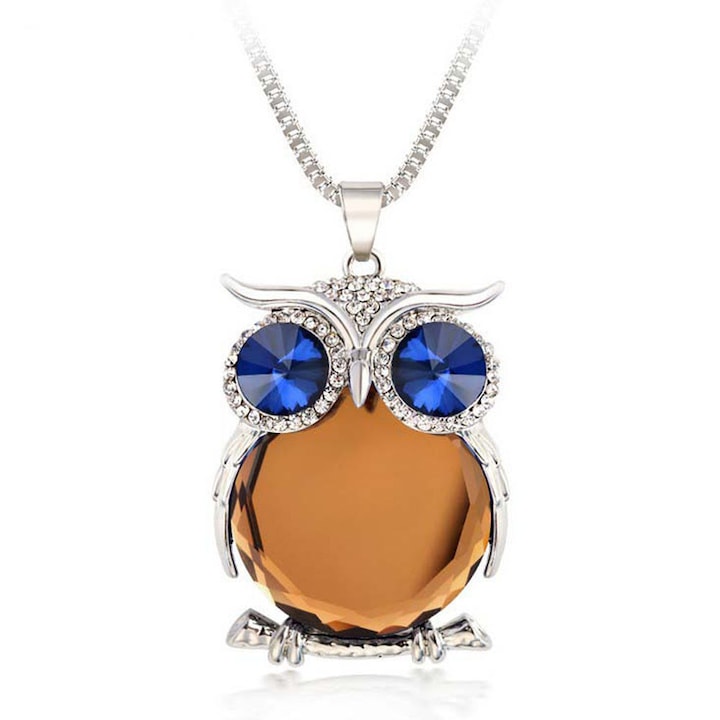 Lant dama, pandativ bufnita cu cristale, argintiu cu cristal maro, simbol Feng Shui, EFAYN RO
