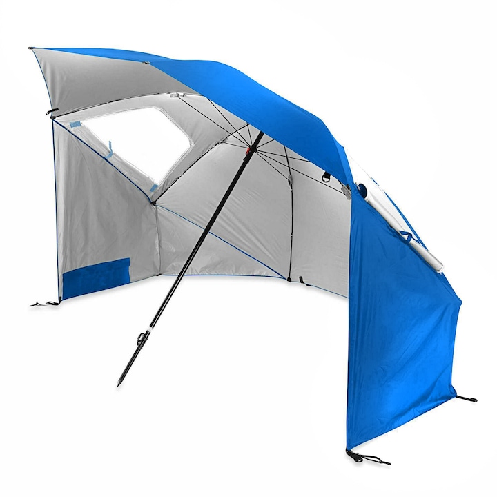 2-az-1-ben félsátras, leszúrható strand napernyő, szélfogóval, szúnyoghálós szellőző ablakokkal