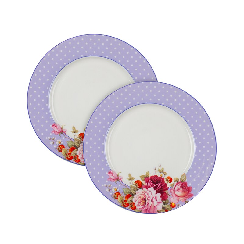 Set de portelan farfurii cu flori, Lancaster, 19.5cm diametru, Alb/Mov