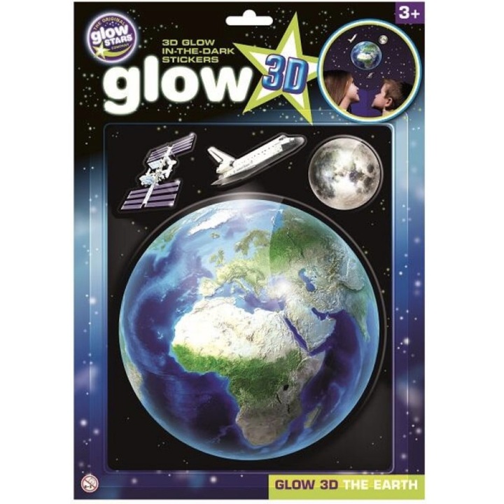Set Planeta Pamant 3D si 14 stelute 2D fosforescente Bibilel pentru decorarea tavanului, 15 piese, BBL2138