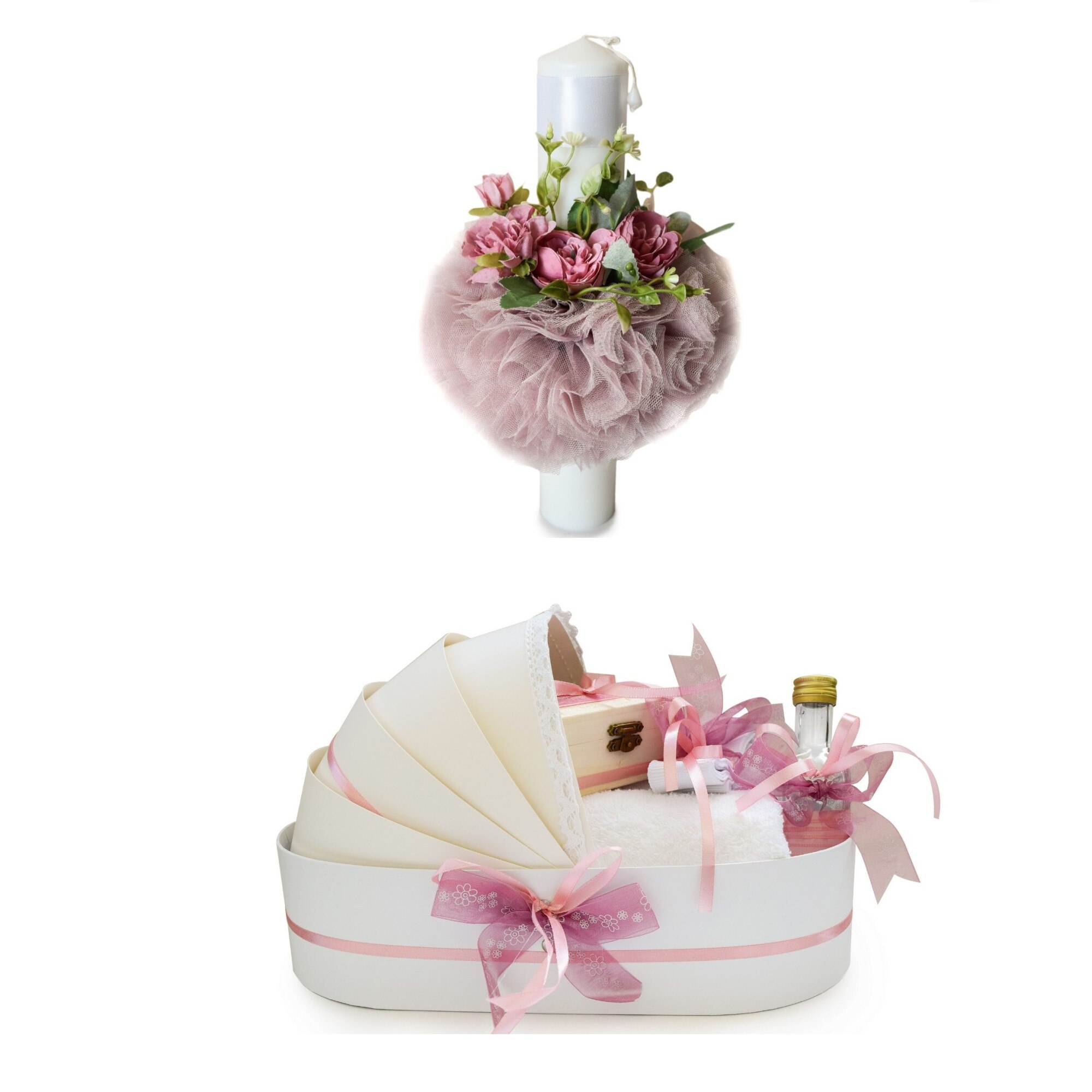 Trusou de botez complet, cu lumanare, prosoape din bumbac Odoras154