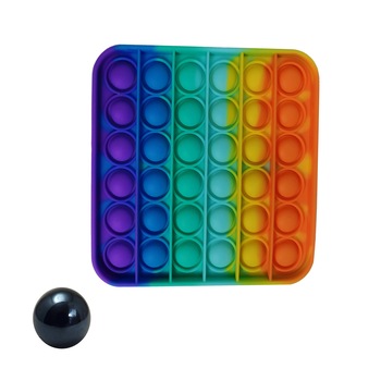 Jucarie antistres, Pop it, silicon, patrat, 13 cm, multicolor, bila inclusa Jucarie antistres, Pop it, silicon, patrat, 13 cm, multicolor, bila inclusa