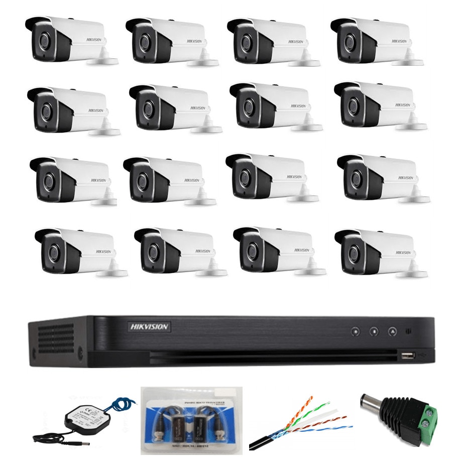 Kit profesional 8 camere exterior 5MP, IR 80m, Hikvision + DVR 16 canale 5MP HikVision + Surse + Cablu + Mufe