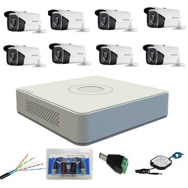 Kit profesional 8 camere exterior 5MP, IR 80m, Hikvision + DVR 8 canale 8MP HikVision + Surse + Cablu + Mufe