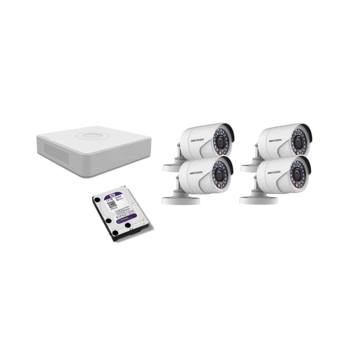 Kit supraveghere video Hikvision 2MP, cu 2 camere 2MP de exterior/interior si HDD 1 TB MK158