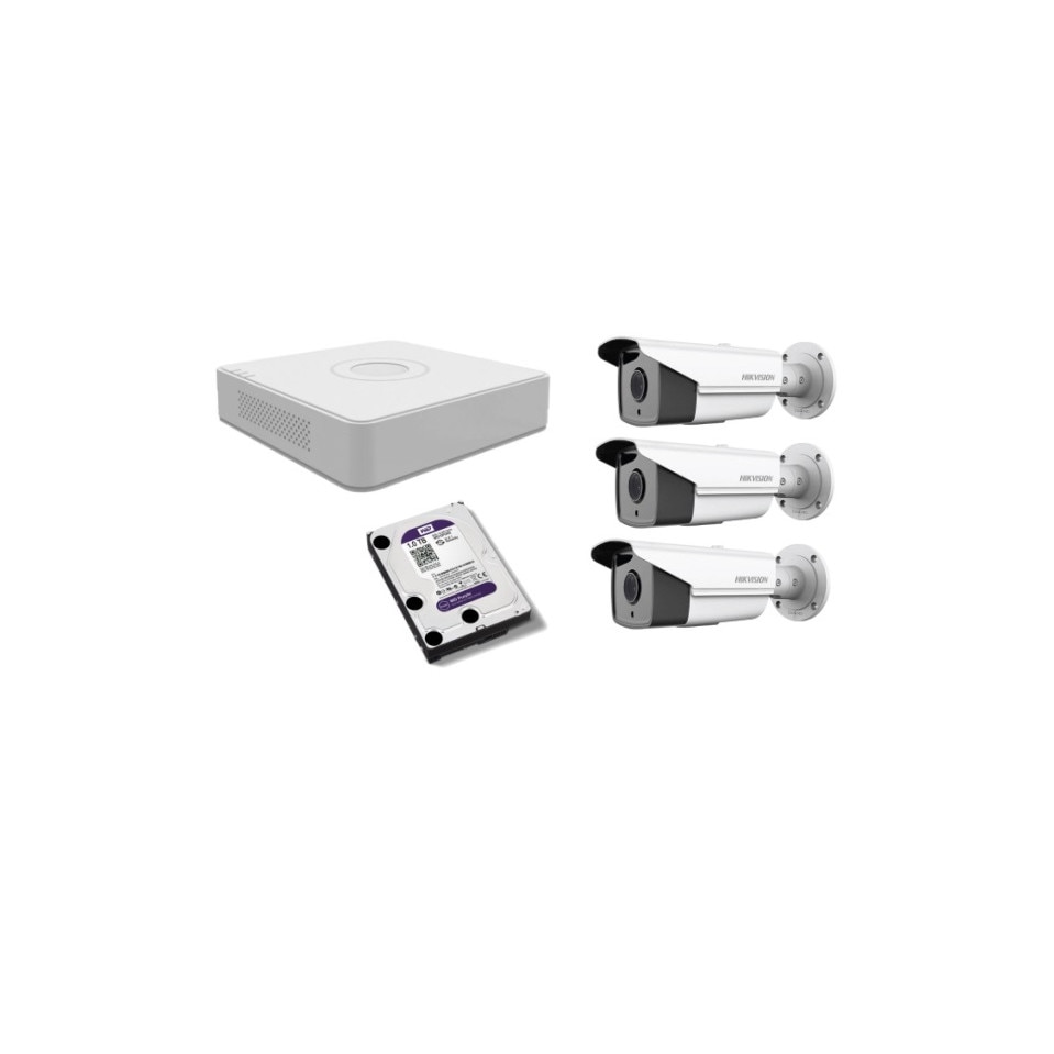Kit supraveghere video Hikvision 2MP, cu 3 camere 2MP de exterior/interior si HDD 1 TB MK143
