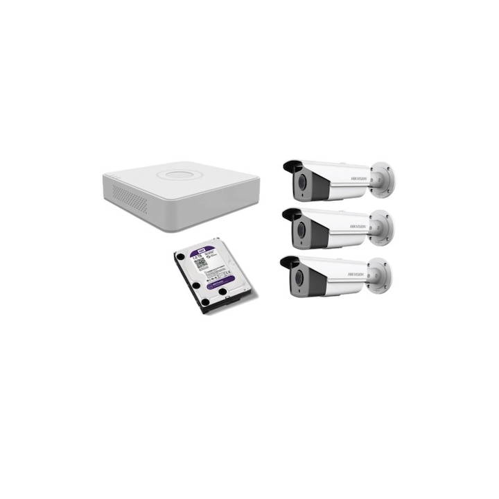Kit supraveghere video Hikvision 5MP, cu 1 camera 5MP de exterior/interior si HDD 1 TB MK423
