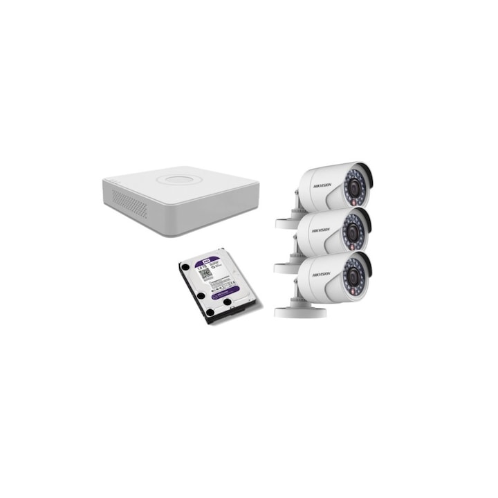 Kit supraveghere video Hikvision 5MP, cu 1 camera 5MP de exterior/interior si HDD 1 TB cu accesorii montaj MK347