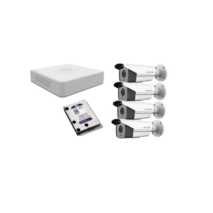 Kit supraveghere video Hikvision 2MP, cu 4 camere 2MP de exterior/interior si HDD 1 TB cu accesorii montaj MK184