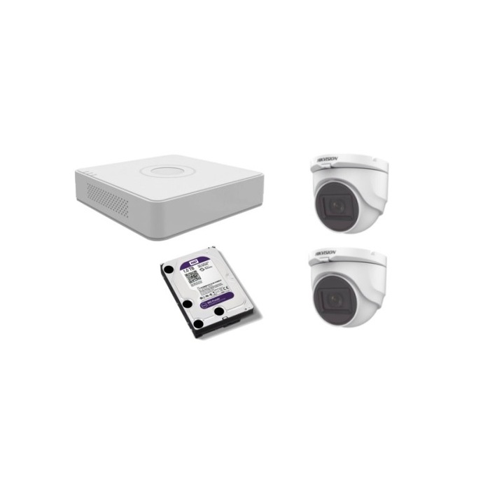 Kit supraveghere video Hikvision 5MP, cu 2 camere 5MP de exterior/interior MK384