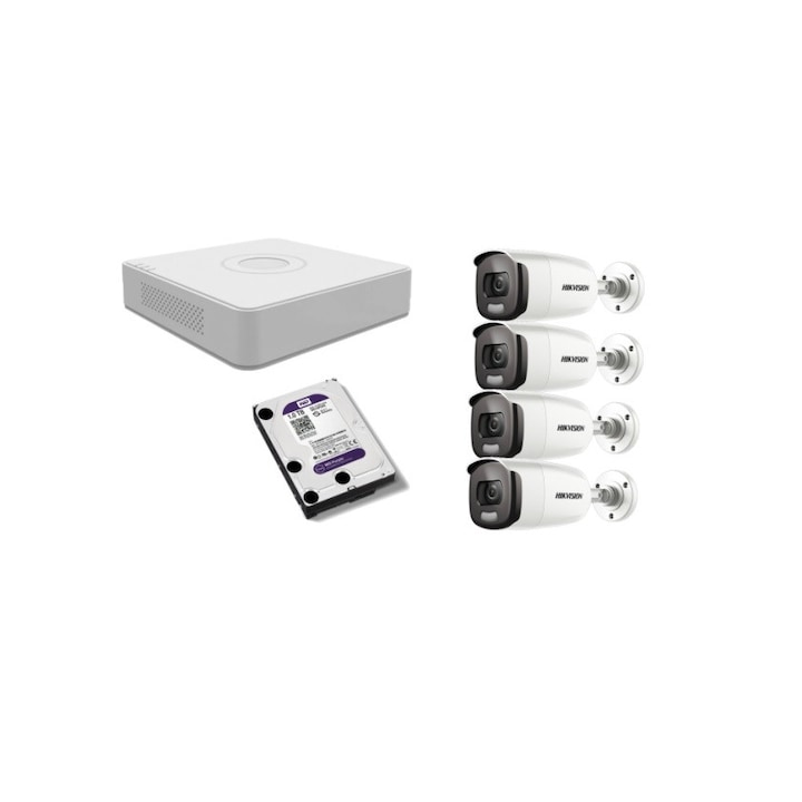 Kit supraveghere video Hikvision 5MP, cu 4 camere 5MP de exterior/interior si HDD 1 TB cu accesorii montaj MK338
