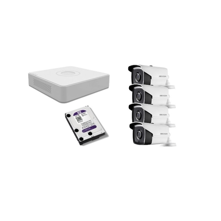 Kit supraveghere video Hikvision 2MP, cu 3 camere 2MP de exterior/interior si HDD 1 TB cu accesorii montaj MK191