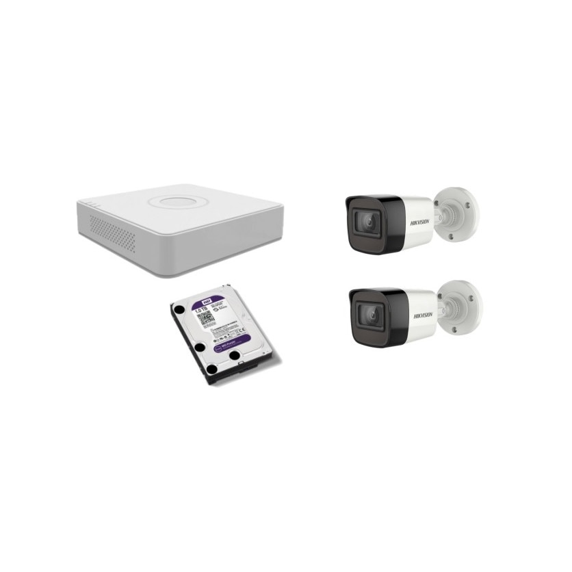 Kit supraveghere video Hikvision 2MP, cu 2 camere 2MP de exterior/interior si HDD 1 TB MK150