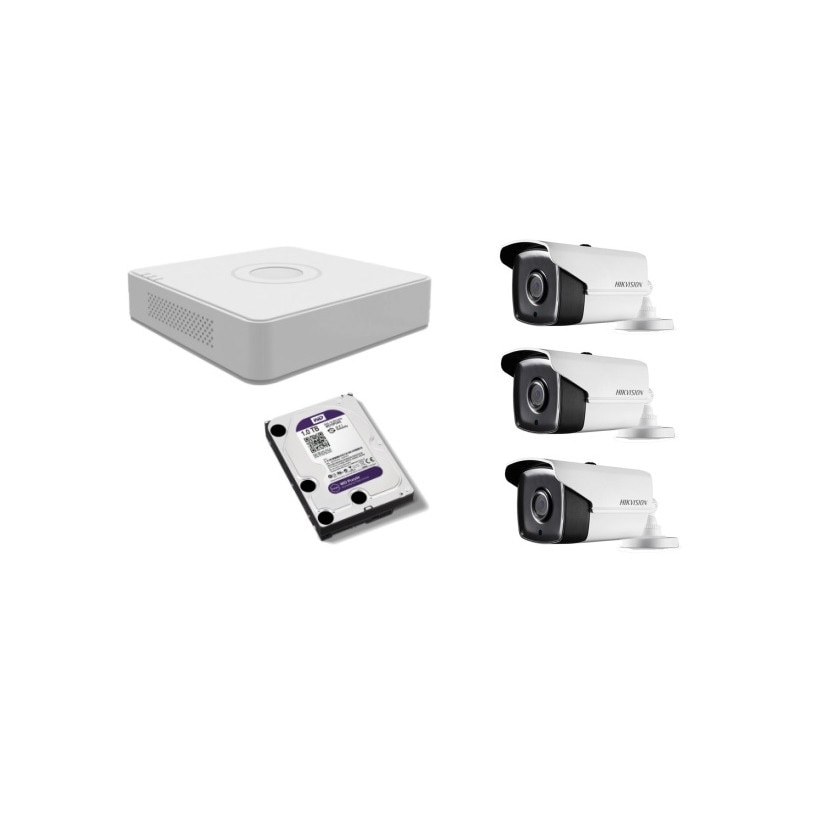Kit supraveghere video Hikvision 2MP, cu 3 camere 2MP de exterior/interior si HDD 1 TB MK147