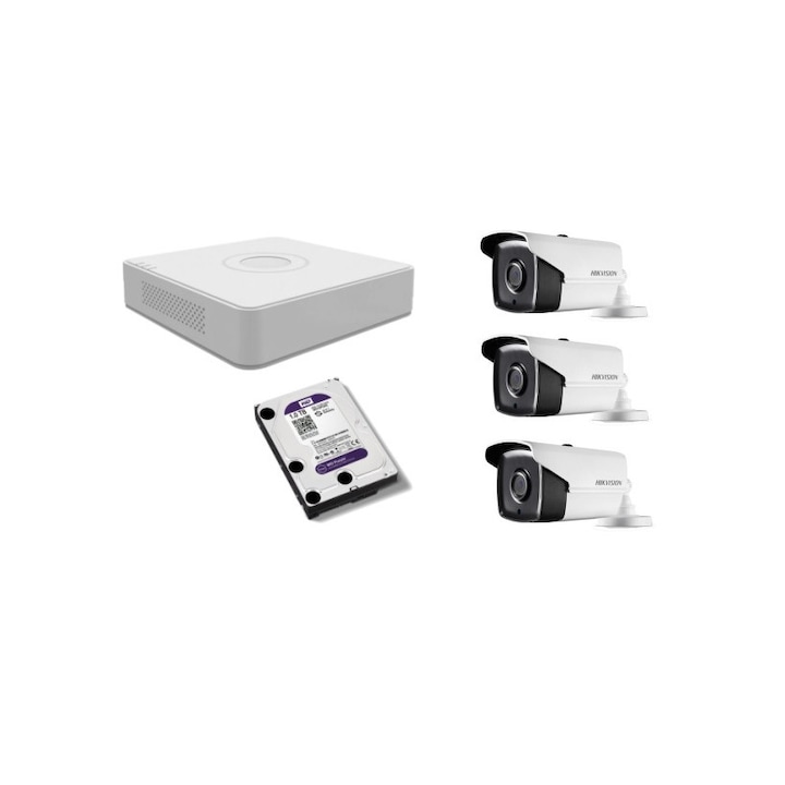 Kit supraveghere video Hikvision 2MP, cu 3 camere 2MP de exterior/interior si HDD 1 TB MK143