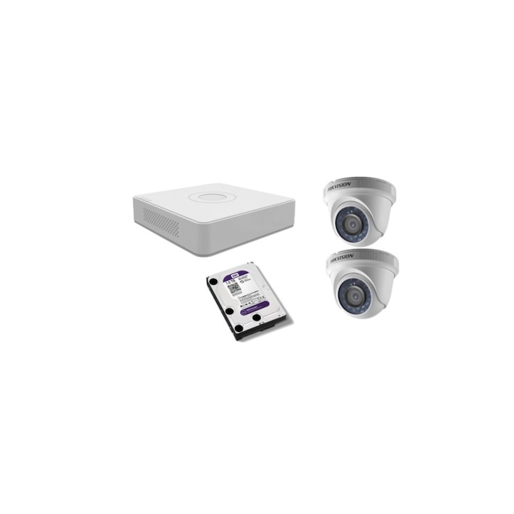 Kit supraveghere video Hikvision 2MP, cu 1 camera 2MP de exterior/interior si HDD 1 TB cu accesorii montaj MK173