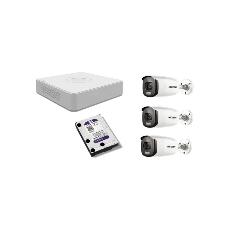 Kit supraveghere video Hikvision 2MP, cu 3 camere 2MP de exterior/interior si HDD 1 TB MK159