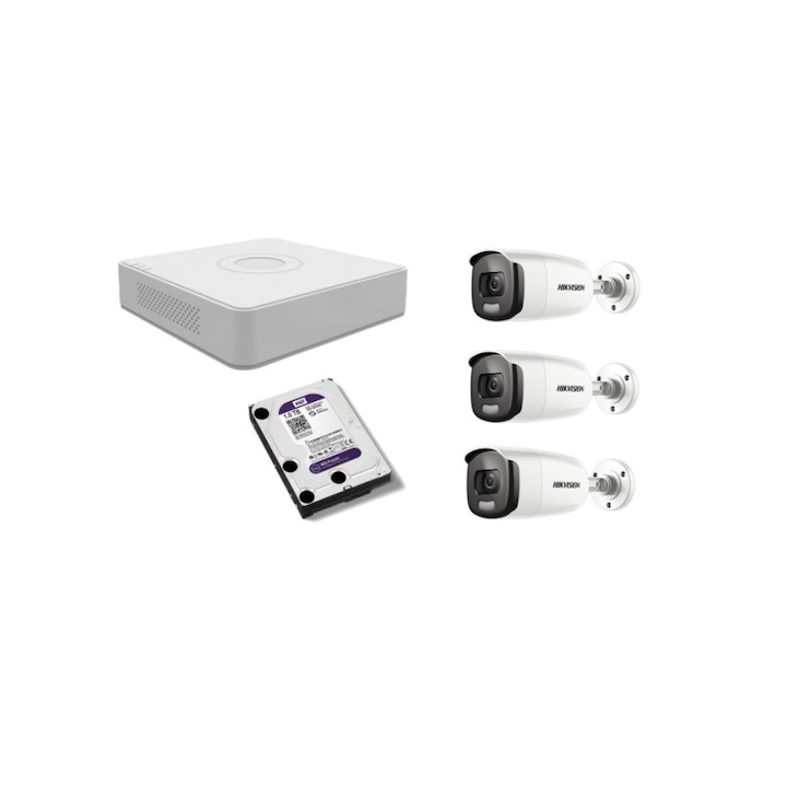 Kit supraveghere video Hikvision 2MP, cu 4 camere 2MP de exterior/interior si HDD 1 TB MK144