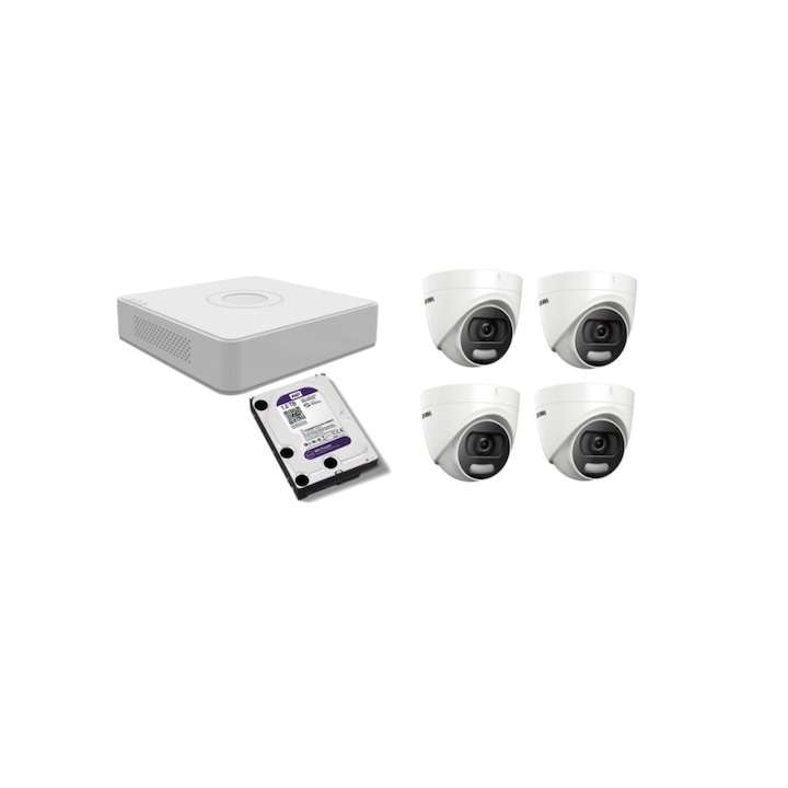 Kit supraveghere video Hikvision 2MP, cu 4 camere 2MP de exterior/interior si HDD 1 TB cu accesorii montaj MK192