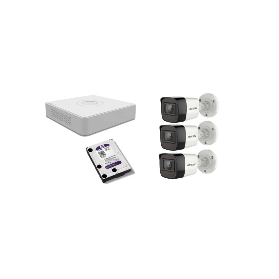 Kit supraveghere video Hikvision 2MP, cu 3 camere 2MP de exterior/interior si HDD 1 TB MK151