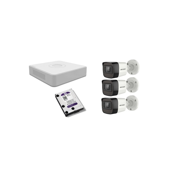 Kit supraveghere video Hikvision 2MP, cu 3 camere 2MP de exterior/interior si HDD 1 TB MK147