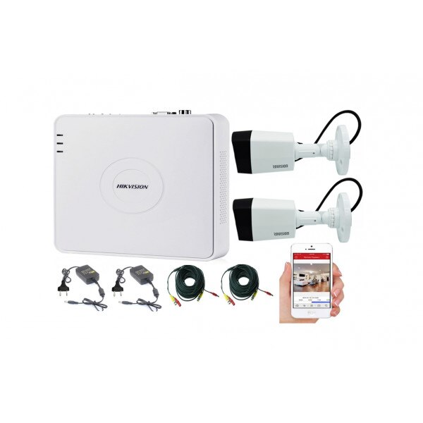 Kit 2 camere supraveghere 2MP, IR 20m, IP67 + DVR 4 canale 1080p HikVision + Surse + Cablu sertizat