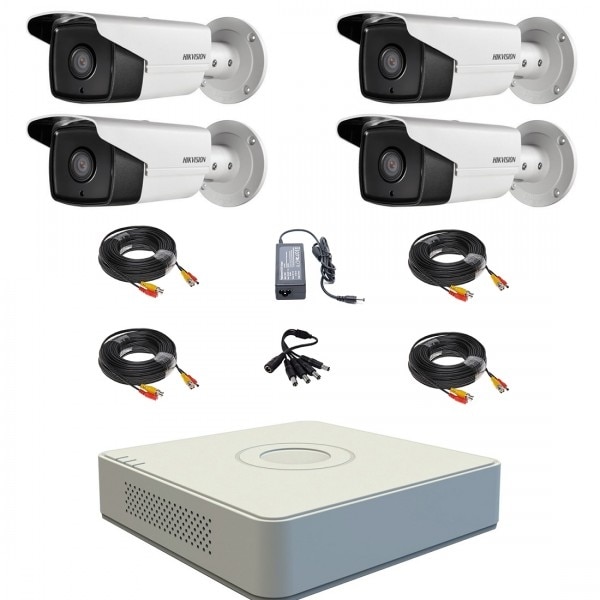 Kit 4 camere supraveghere exterior 1MP, IR 80m, TurboHD + DVR 4 canale 1080p Lite HikVision + Sursa + Cablu + Splitter