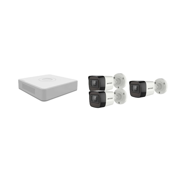Kit supraveghere 3 mini camere Uniview, 5MP, ColorHunter, 5MP 2K+, Lumina Alba 20m, Vedere color pe timp de noapte, 1 camera dome 2MP, IR 20m