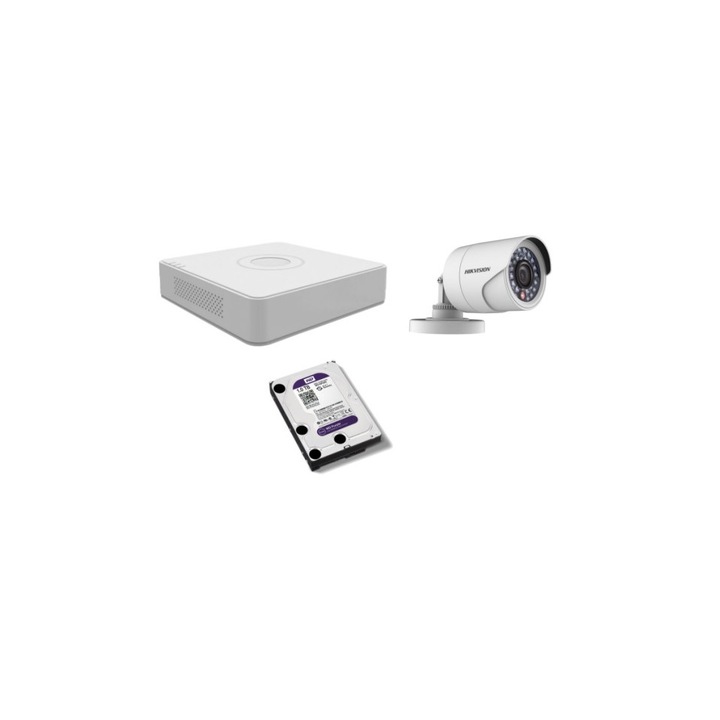 Kit supraveghere video Hikvision 2MP, cu 1 camera 2MP de exterior/interior si HDD 1 TB MK149