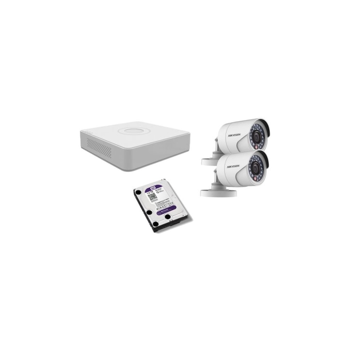 Kit supraveghere video Hikvision 2MP, cu 3 camere 2MP de exterior/interior MK199