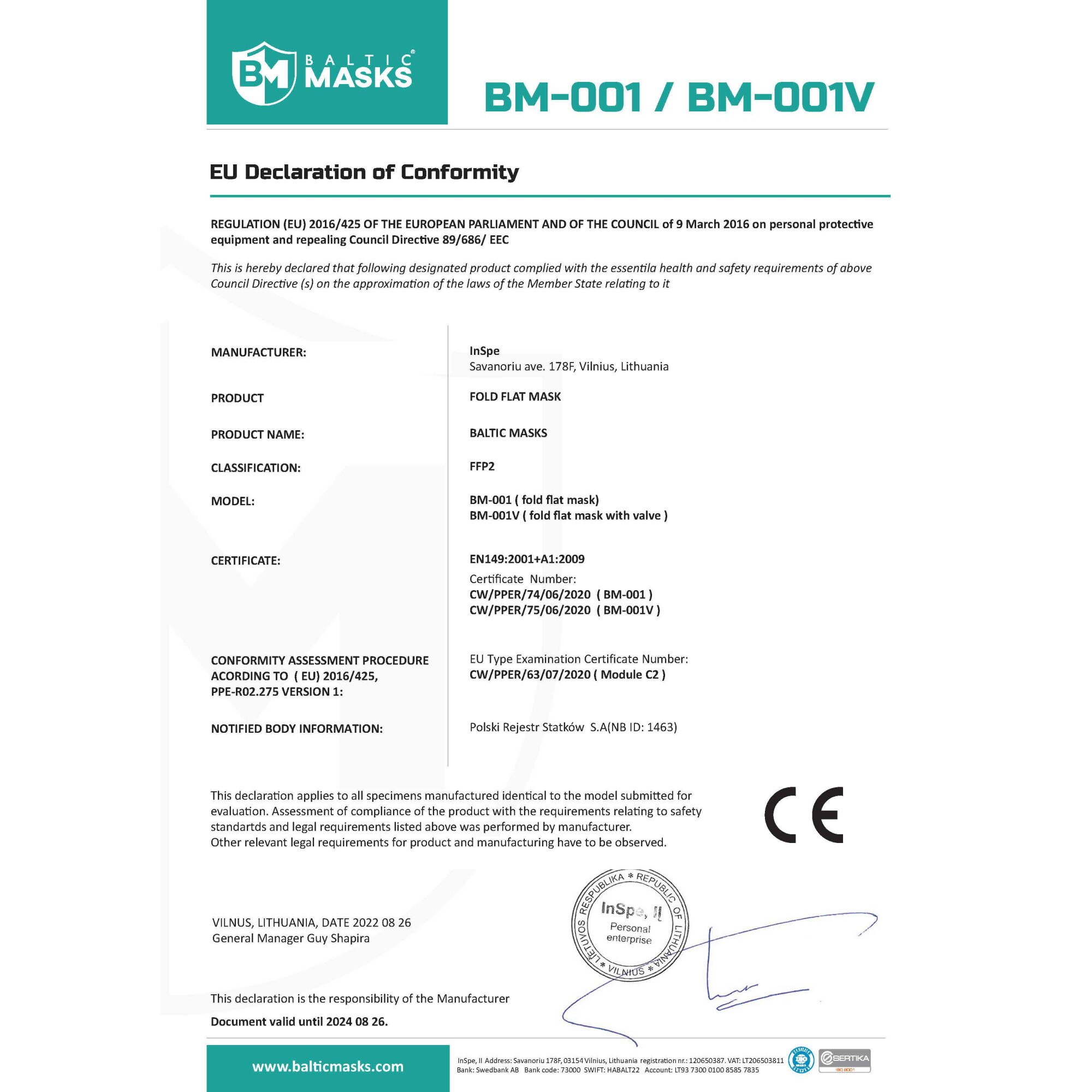 Masca de protectie respiratorie FFP2 cu valva Baltic Masks BM001V NR, Certificat CE 1463