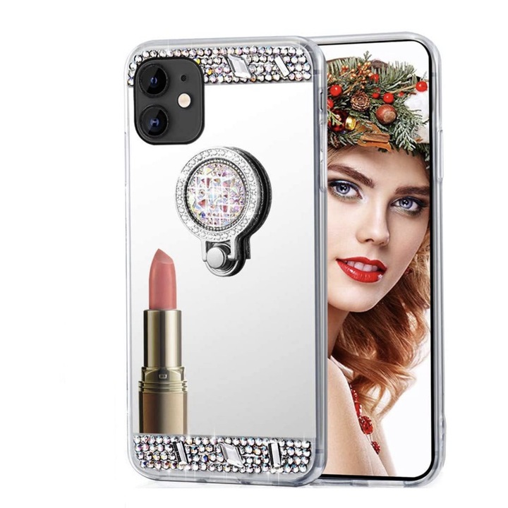 Husa silicon model Oglinda cu Inel si Pietricele pentru iPhone 12 / 12 Pro , Argintiu, Silver
