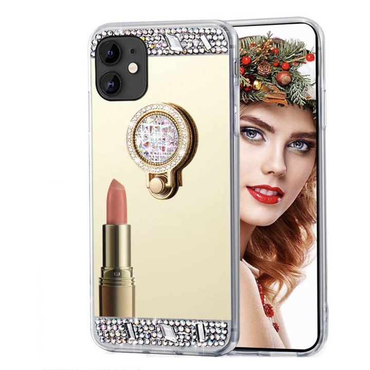 Husa silicon model Oglinda cu Inel si Pietricele pentru iPhone 12 / 12 Pro , Auriu, Gold
