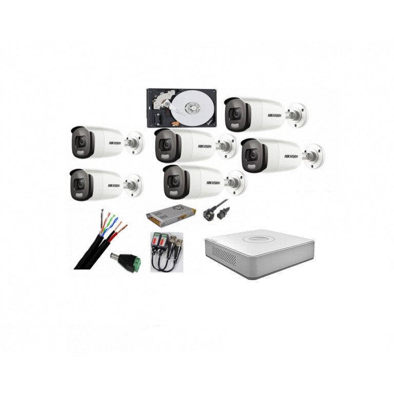 Kit 6 camere supraveghere 2MP, ColorVu, IR 40m (color noaptea) HikVision + DVR 8 canale TurboHD + Surse + Cablu + HDD 1TB