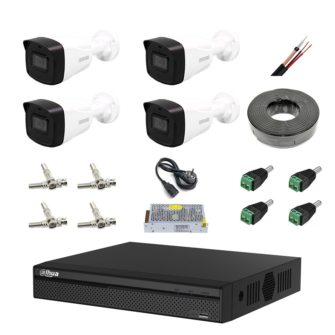 Kit 4 camere supraveghere 8MP 4K, IR 80m + DVR Pentabrid 4 canale 4K + Surse + Cablu + Mufe