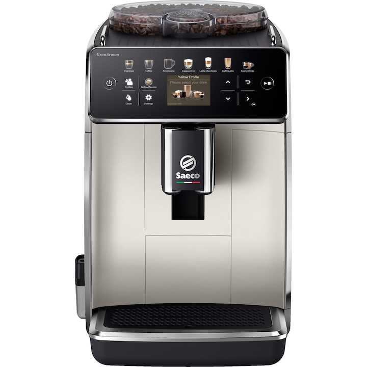 Кафеавтомат Saeco GranAroma SM6582/30, Система за мляко Latte Duo, 16 напитки, Цветен TFT екран, 6 потребителски профила, Филтър AquaClean, Керамична мелница, Функция DoubleShot, Крем