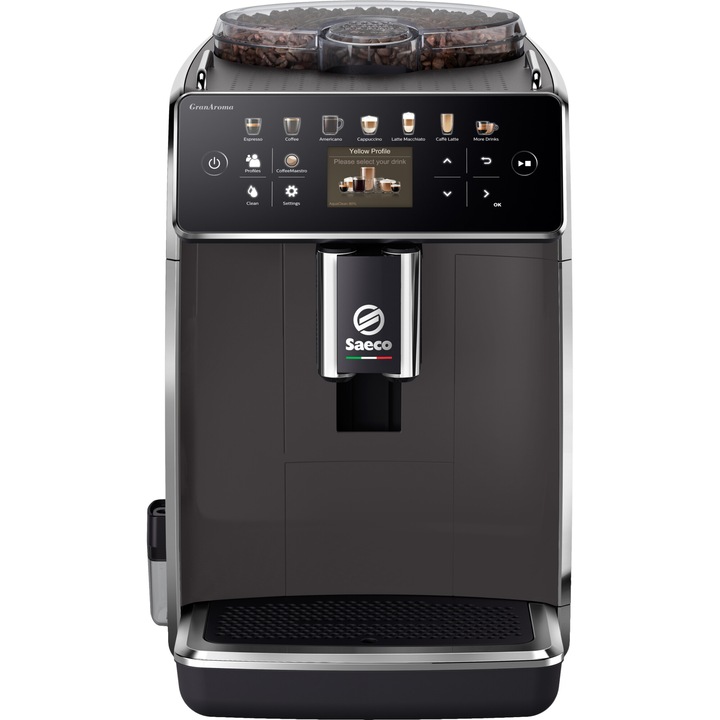 Кафеавтомат Saeco GranAroma SM6580/10, Система за мляко Latte Duo, 14 напитки, Цветен TFT екран, 4 потребителски профила, Филтър AquaClean, Керамична мелница, Функция DoubleShot, Сив