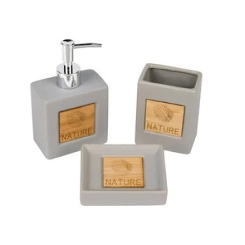 Set ceramic accesorii baie cu insertii bambus, 3 buc Set ceramic accesorii baie cu insertii bambus, 3 buc