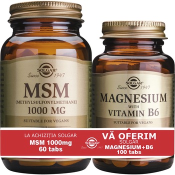 Pachet MSM 1000mg Solgar, 60 tablete + Magneziu cu Vitamina B6 Solgar, 100 capsule Pachet MSM 1000mg Solgar, 60 tablete + Magneziu cu Vitamina B6 Solgar, 100 capsule