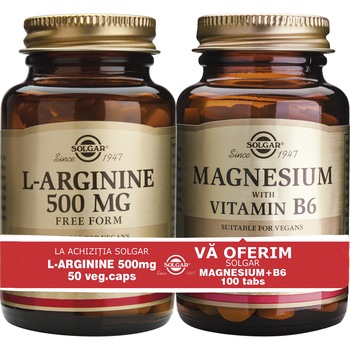Pachet L-Arginina 500 mg Solgar, 50 capsule + Magneziu cu Vitamina B6 Solgar, 100 capsule Pachet L-Arginina 500 mg Solgar, 50 capsule + Magneziu cu Vitamina B6 Solgar, 100 capsule