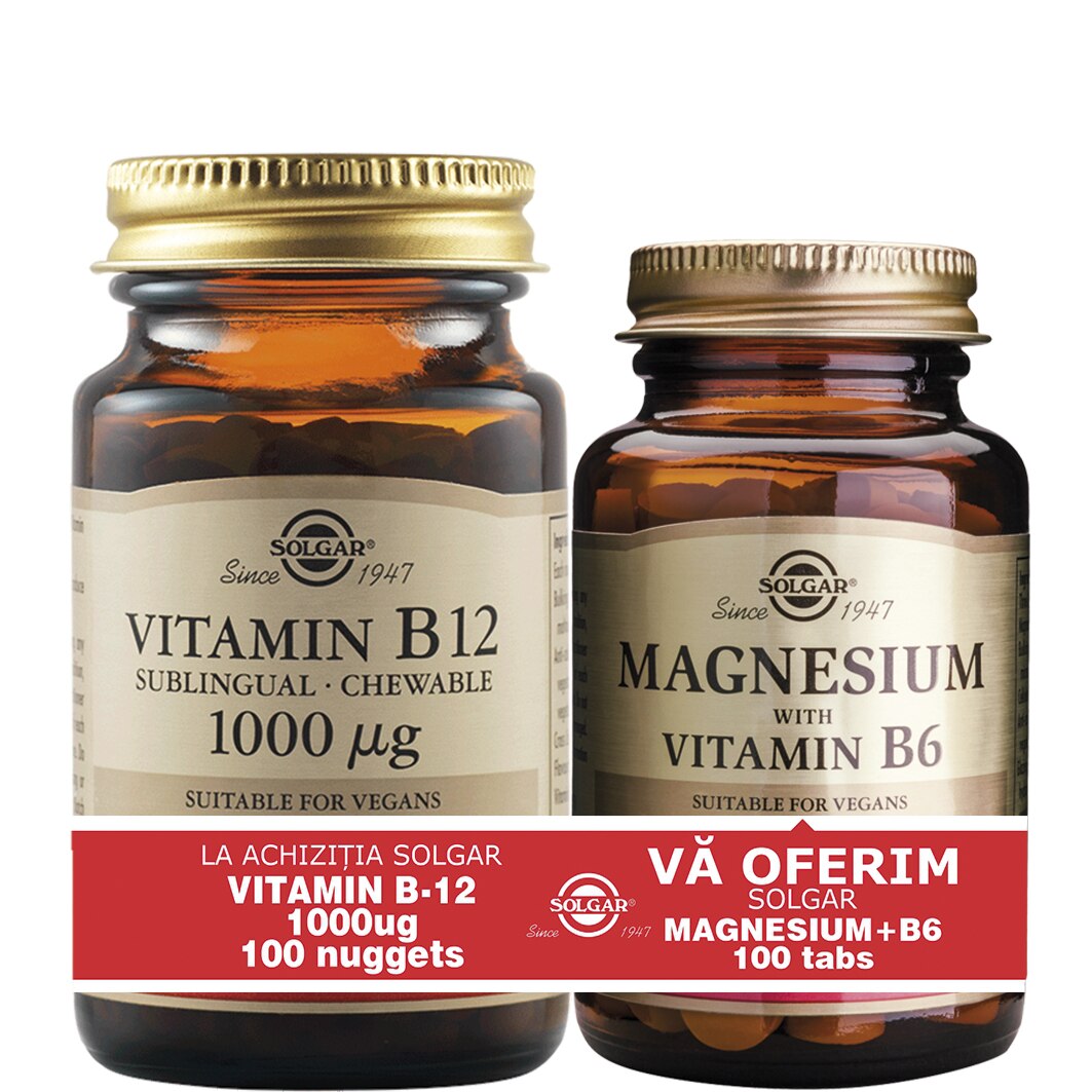 Pachet Vitamina B12 1000µg masticabila sublinguala Solgar, 100 tablete + Magneziu cu Vitamina B6 Solgar, 100 capsule