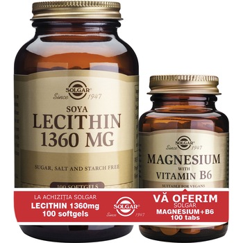 Pachet Lecitina 1360mg Solgar, 100 capsule + Magneziu cu Vitamina B6 Solgar, 100 capsule Pachet Lecitina 1360mg Solgar, 100 capsule + Magneziu cu Vitamina B6 Solgar, 100 capsule
