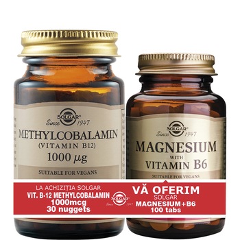 Pachet Metilcobalamina Vitamina B12 1000 mg, Solgar, 30 capsule + Magneziu cu Vitamina B6 Solgar, 100 capsule Pachet Metilcobalamina Vitamina B12 1000 mg, Solgar, 30 capsule + Magneziu cu Vitamina B6 Solgar, 100 capsule