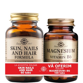 Pachet formula pentru piele, unghii si par Solgar, 60 comprimate + Magneziu cu Vitamina B6 Solgar, 100 capsule Pachet formula pentru piele, unghii si par Solgar, 60 comprimate + Magneziu cu Vitamina B6 Solgar, 100 capsule