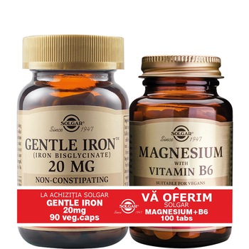 Pachet Fier cu actiune blanda Gentle Iron 20 mg Solgar, 90 capsule + Magneziu cu Vitamina B6 Solgar, 100 capsule Pachet Fier cu actiune blanda Gentle Iron 20 mg Solgar, 90 capsule + Magneziu cu Vitamina B6 Solgar, 100 capsule