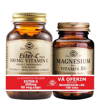 Pachet Ester-C 500mg Solgar, 50 tablete + Magneziu cu Vitamina B6 Solgar, 100 capsule Pachet Ester-C 500mg Solgar, 50 tablete + Magneziu cu Vitamina B6 Solgar, 100 capsule