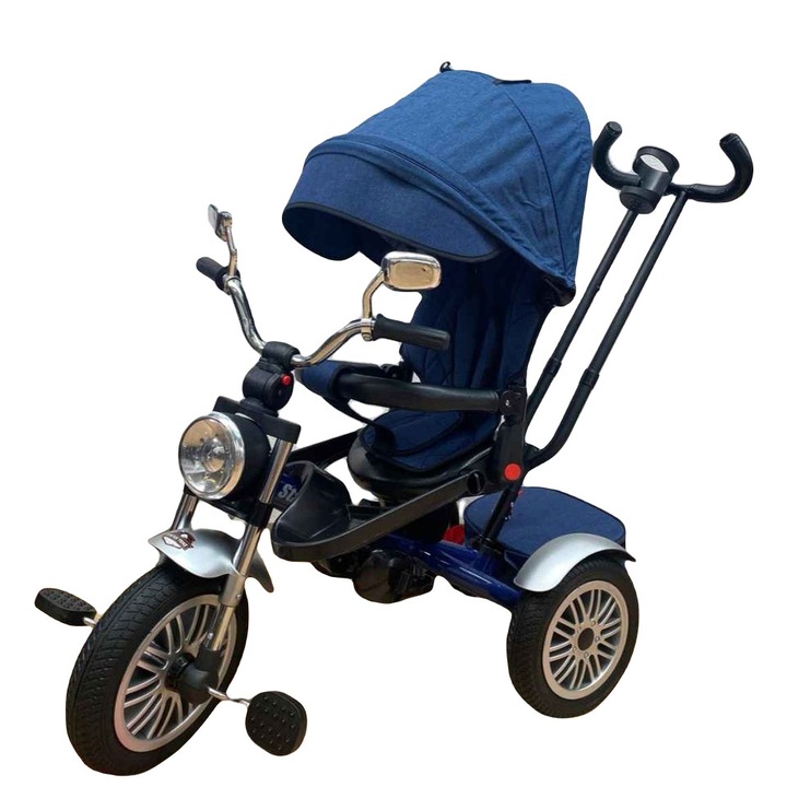 Tricicleta cu far luminos si sunete, maner reversibil din piele, cosulet, albastru